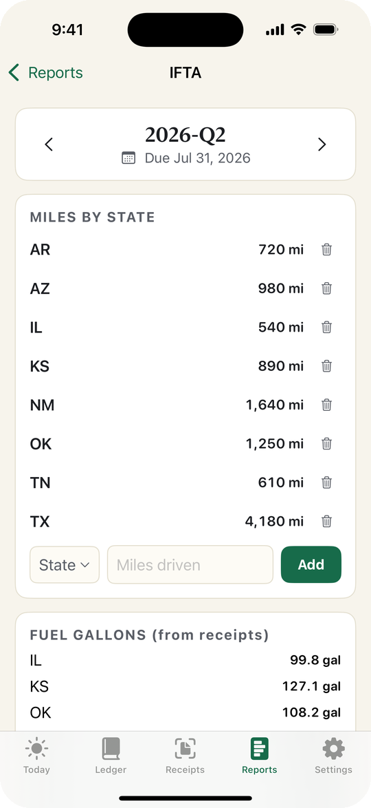IFTA quarterly screen showing miles by state, fuel gallons, and the pre-filing check